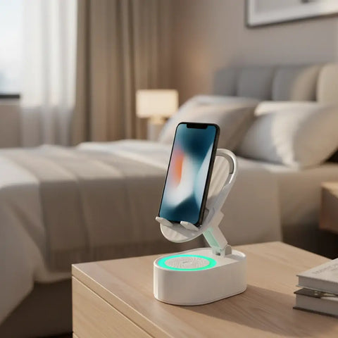 Altavoz Bluetooth blanco con soporte abierto sosteniendo un smartphone en una mesita de noche de madera.