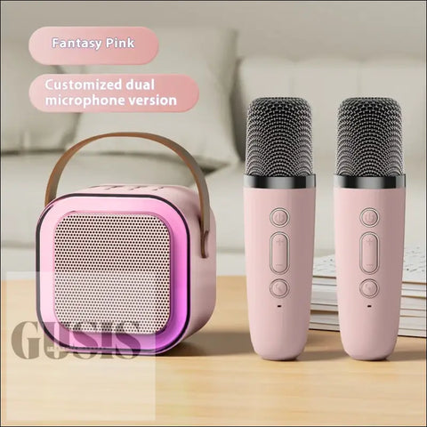 Máquina de karaoke rosa nuevo con dos micrófonos y tecnología Bluetooth