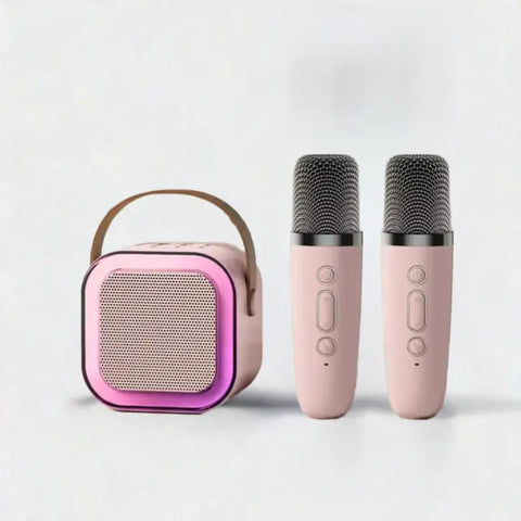 Altavoz Bluetooth con micrófono inalámbrico rosa, ideal para fiestas y karaoke