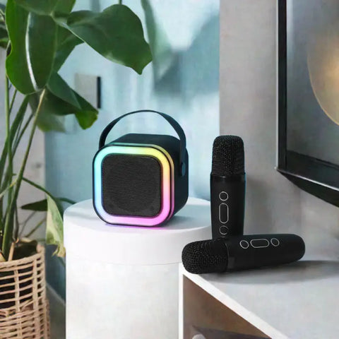 Altavoz Bluetooth con micrófono inalámbrico y bocina negra para karaoke y fiestas
