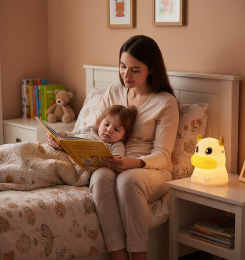 Adulto con niña en cama leyendo con lámpara nocturna de vaca kawaii como luz de compañía