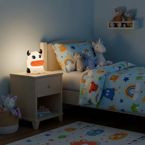 Lámpara nocturna infantil con forma de vaca kawaii encendida en mesita de noche