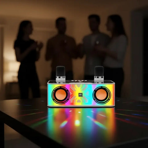 Altavoz Bluetooth con luces RGB en tonos naranja y amarillo, colocado sobre una mesa con fondo de luces de fiesta.