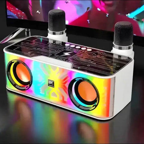 Altavoz Bluetooth portátil con micrófono y diseño colorido para karaoke