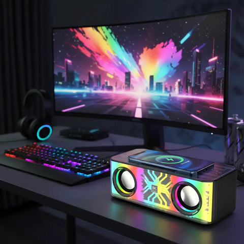 Altavoz Bluetooth portátil con micrófono, USB y luces LED arcoíris