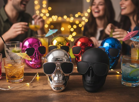 Altavoz Bluetooth calavera con gafas, en plata, rosa, oro, rojo, azul y negro