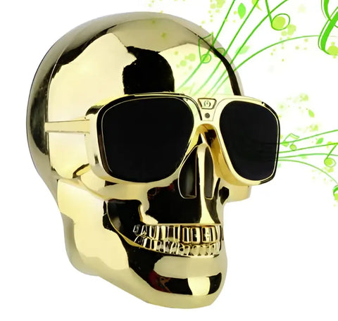 Altavoz Bluetooth calavera de oro con diseño de gafas de sol