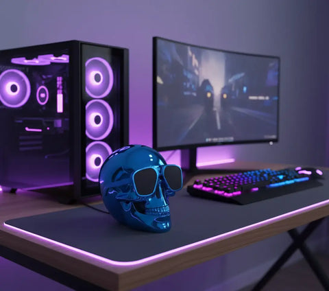 Altavoz Bluetooth calavera azul cromada junto a un ordenador gaming con luces RGB.