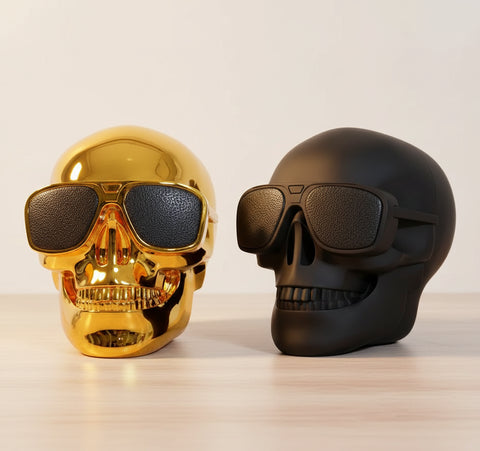 Altavoz Bluetooth calavera con gafas, diseño negro mate e inteligente