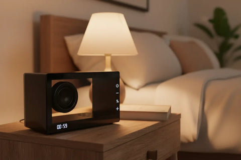 Altavoz Bluetooth transparente negro encendido sobre mesa de salón con lámpara de luz cálida