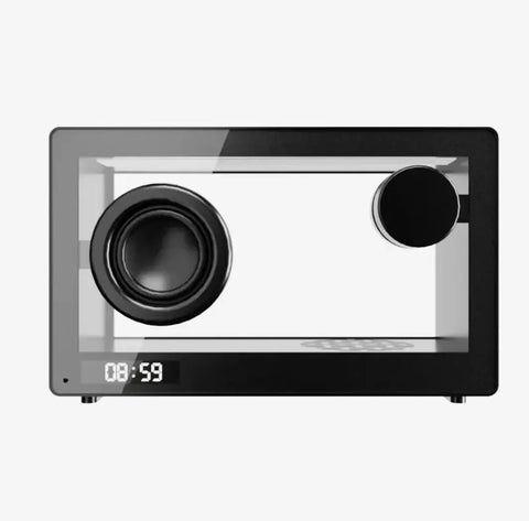 Altavoz inalámbrico transparente rectangular negro con altavoces circulares, pantalla de reloj digital y gadgets electrónicos