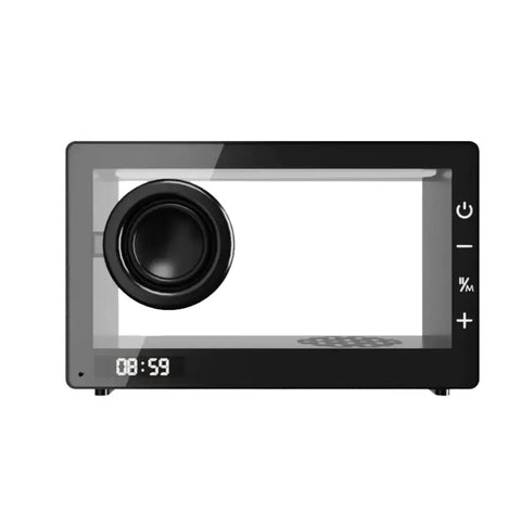 Altavoz negro con pantalla digital y botones de control, gadget electrónico