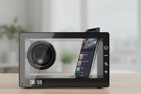 Altavoz Bluetooth transparente blanco usado como soporte para smartphone con lista de reproducción en pantalla