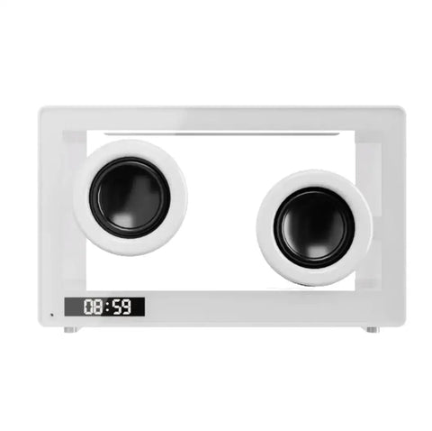 Altavoz inalámbrico transparente blanco rectangular con audio circular negro e iluminación digital de reloj