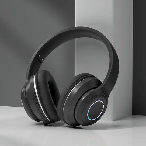 Auriculares bluetooth 5.2 inalámbricos y con cable diseño supraaural acolchado con luz led azul en auricular negro