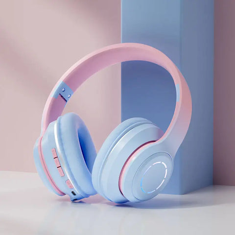 Auriculares bluetooth inalámbricos en pastel rosa y azul con diseño supraaural acolchado y conexión por cable
