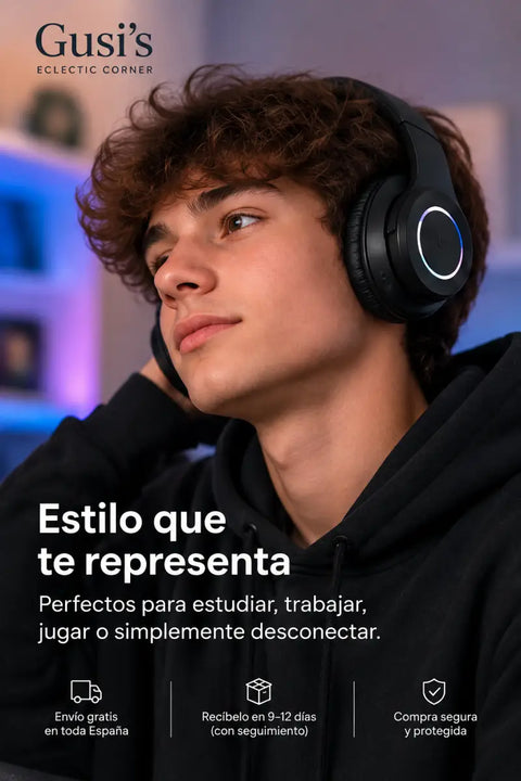 Auriculares bluetooth 5.2 negros con diseño supraaural acolchado y conexión inalámbrica con anillo iluminado en la copa