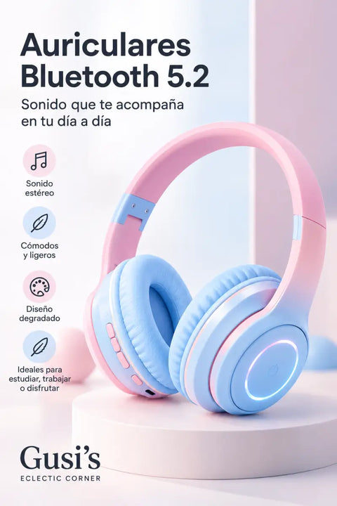 Auriculares bluetooth 5.2 inalámbricos y con cable en degradado pastel rosa y azul con diseño supraaural acolchado moderno