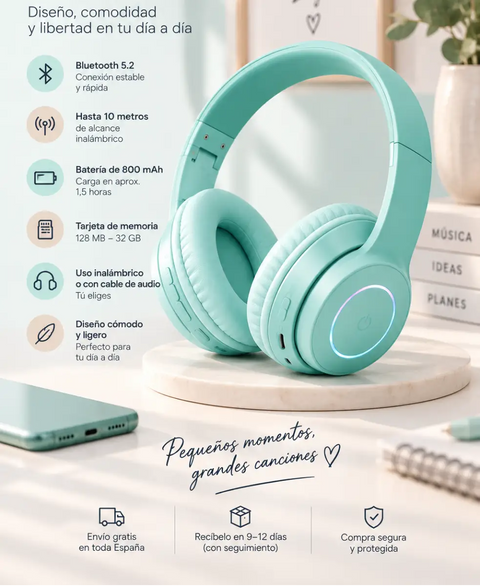 Auriculares bluetooth mint green con conexión inalámbrica 5.2 diseño supraaural acolchado y ligera comodidad