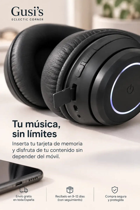 Auriculares bluetooth 5.2 negros con diseño supraaural acolchado y conexión inalámbrica y con cable