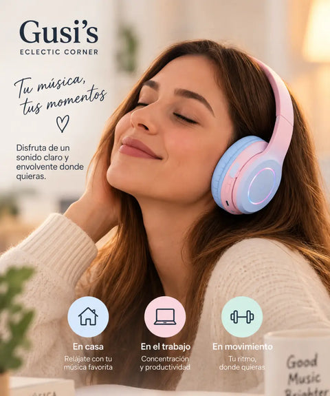 Auriculares bluetooth gusi en diseño supraaural acolchado con conexión inalámbrica en colores rosa pastel y azul claro
