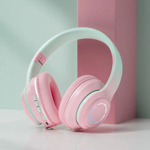 Auriculares bluetooth 5.2 inalámbricos con diseño supraaural acolchado en rosa pastel y verde menta con luces led circulares