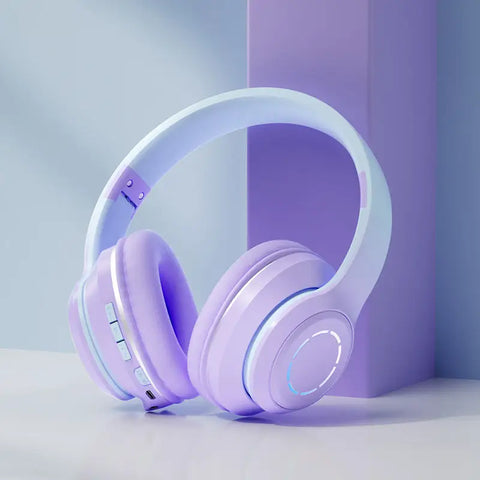 Auriculares bluetooth 5.2 inalámbricos con diseño supraaural acolchado en color lavanda pastel y conexión inalámbrica avanzada