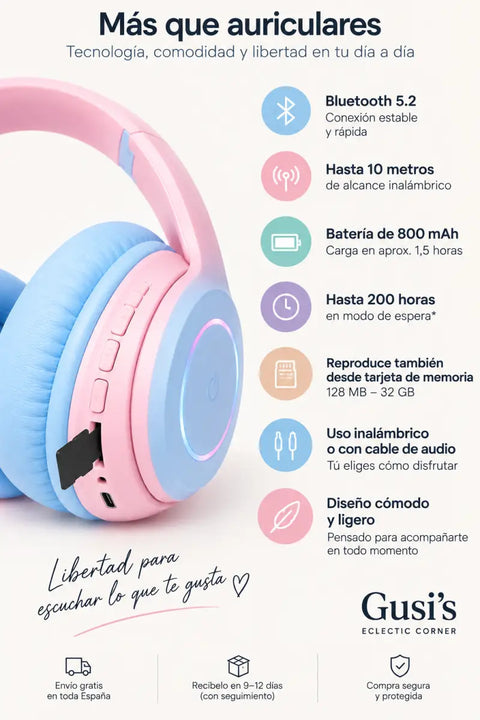 Auriculares bluetooth 5.2 inalámbricos y con cable en pastel rosa y azul con diseño supraaural acolchado y conexión inalámbrica