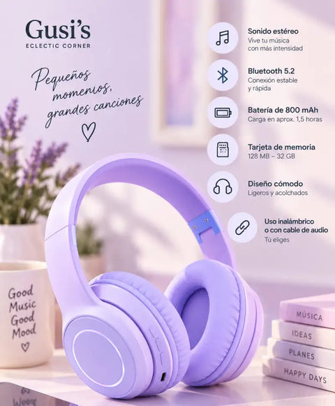 Auriculares bluetooth 5.2 inalámbricos en color lavanda con diseño supraaural acolchado y conexión inalámbrica eficiente