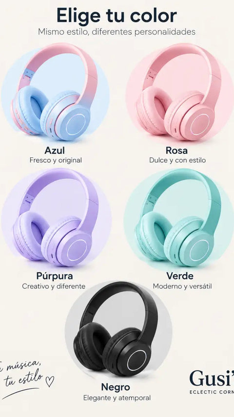 Auriculares bluetooth 5.2 con conexión inalámbrica diseño supraaural acolchado en azul rosa morado teal y negro