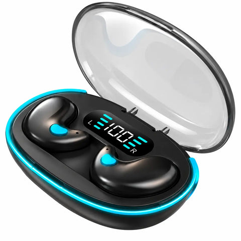 Auriculares bluetooth x55 ultrafinos negros con luces azules y display digital en estuche ultradelgado