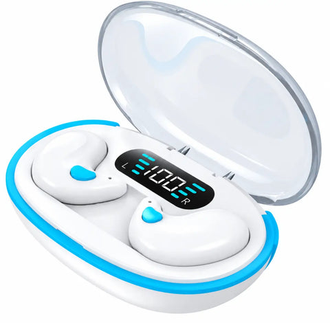 Auriculares bluetooth x55 ultrafinos blancos con botones azules en diseño ultradelgado y estuche con tapa translúcida y led azul
