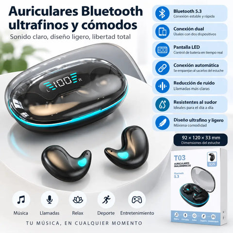 Auriculares bluetooth x55 ultrafinos negros con diseño ultradelgado y estuche transparente con pantalla led