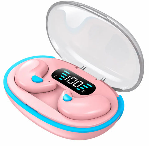 Auriculares bluetooth x55 ultrafinos en rosa y azul con diseño ultradelgado y pantalla digital en estuche cargador
