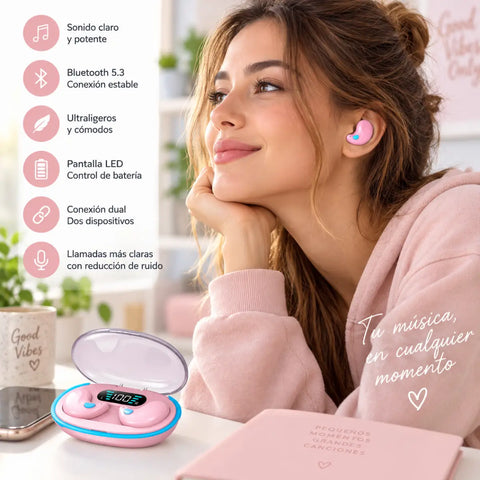 Auriculares bluetooth x55 ultrafinos en rosa con diseño ultradelgado y estuche con pantalla led de batería azul