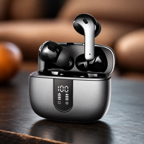 Auriculares bluetooth negros y plateados con acabado brillante en estuche de carga que muestra nivel de batería