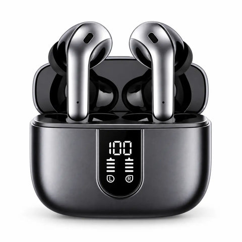 Auriculares bluetooth compactos negros con detalles plateados en estuche de carga matte con pantalla digital iluminada