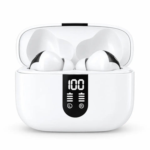 Auriculares bluetooth compactos blancos con estuche de carga brillante y pantalla digital que muestra batería 100% en electrónica
