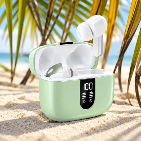 Auriculares bluetooth compactos mint green con estuche de carga digital mostrando 100 por ciento bateria en electronica