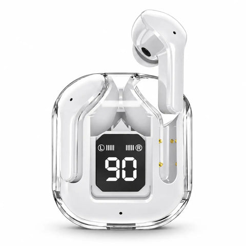 Auriculares bluetooth cápsula blancos con estuche transparente y pantalla led que muestra nivel de batería