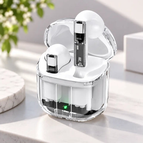 Auriculares bluetooth cápsula blancos con acentos plateados en estuche transparente con pantalla led