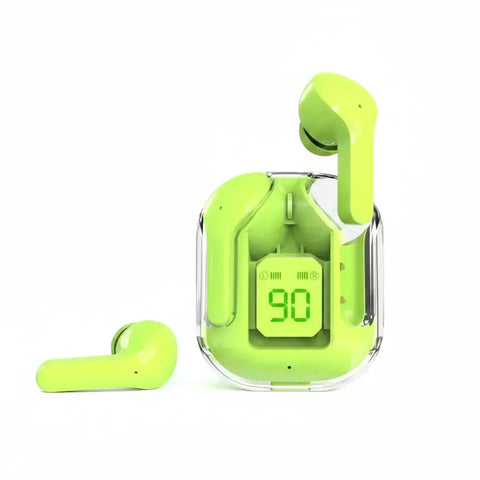 Auriculares bluetooth cápsula lime green con pantalla led y estuche transparente mostrando número 90 en pantalla digital