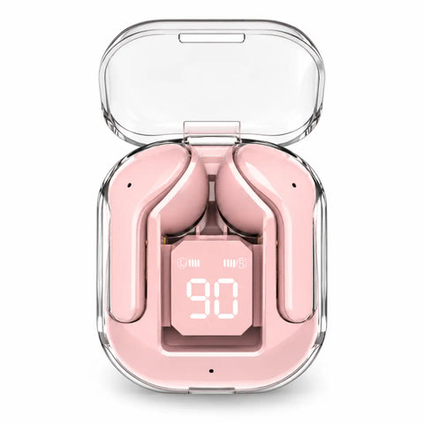 Auriculares bluetooth cápsula rosa con pantalla led mostrando batería al 90 por ciento en estuche transparente