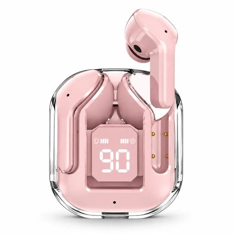 Auriculares bluetooth cápsula rosados con pantalla led en estuche transparente mostrando nivel de batería