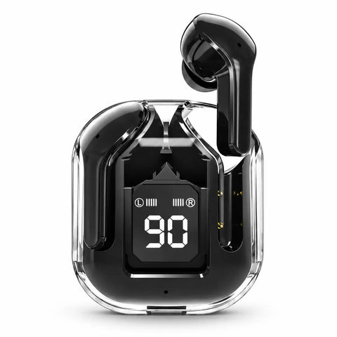 Auriculares bluetooth cápsula negros con estuche transparente y pantalla led mostrando 90 en pantalla digital