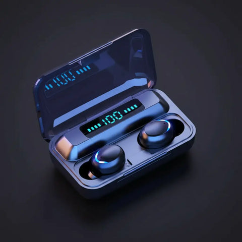 Auriculares bluetooth f9-6 negros con led azul en estuche moderno para auriculares inalámbricos con control táctil