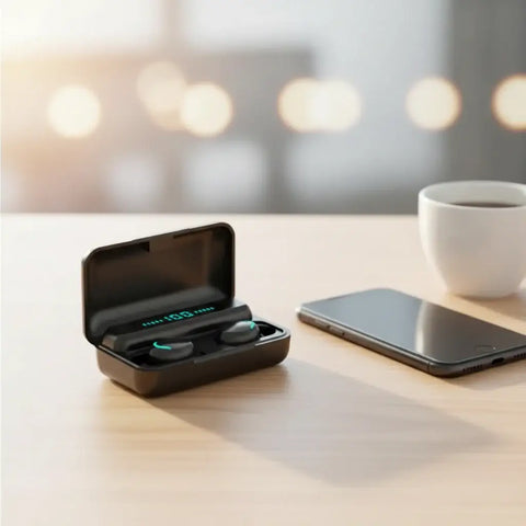 Auriculares inalámbricos F9-32dentro del estuche de carga con pantalla digital encendida sobre escritorio junto a un portátil.