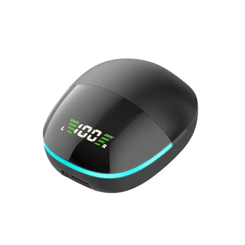 Auriculares bluetooth g9s con estuche negro brillante, pantalla digital verde y anillo led teal para niveles de batería