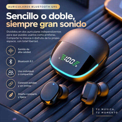 Auriculares bluetooth g9s tws negros con diseño compacto y estuche de carga con pantalla led azul iluminada