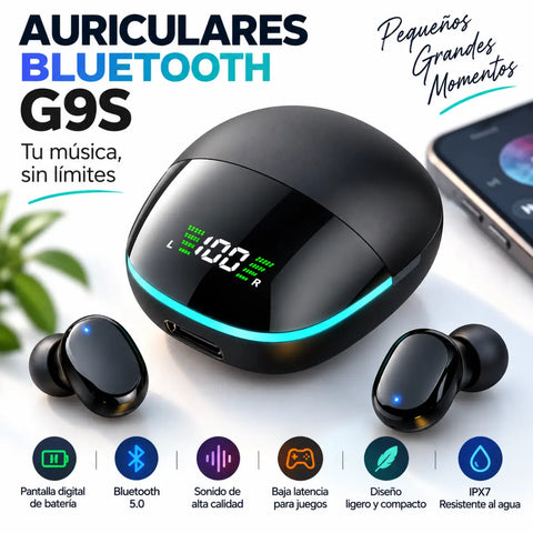 Auriculares bluetooth g9s tws negros con acabado brillante y estuche de carga iluminado con pantalla de batería